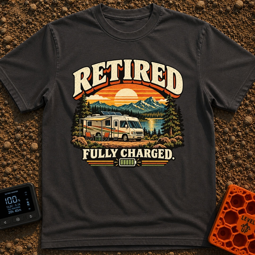 Retired And Recharged - T-Shirt in Graphite - A retro-style illustration of a motorhome with a roof-mounted solar panel...