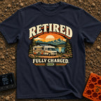 Retired And Recharged - T-Shirt in Navy - A retro-style illustration of a motorhome with a roof-mounted solar panel...
