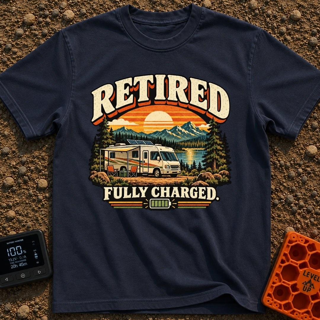 Retired And Recharged - T-Shirt in Navy - A retro-style illustration of a motorhome with a roof-mounted solar panel...