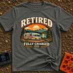 Retired And Recharged - T-Shirt in Pepper - A retro-style illustration of a motorhome with a roof-mounted solar panel...