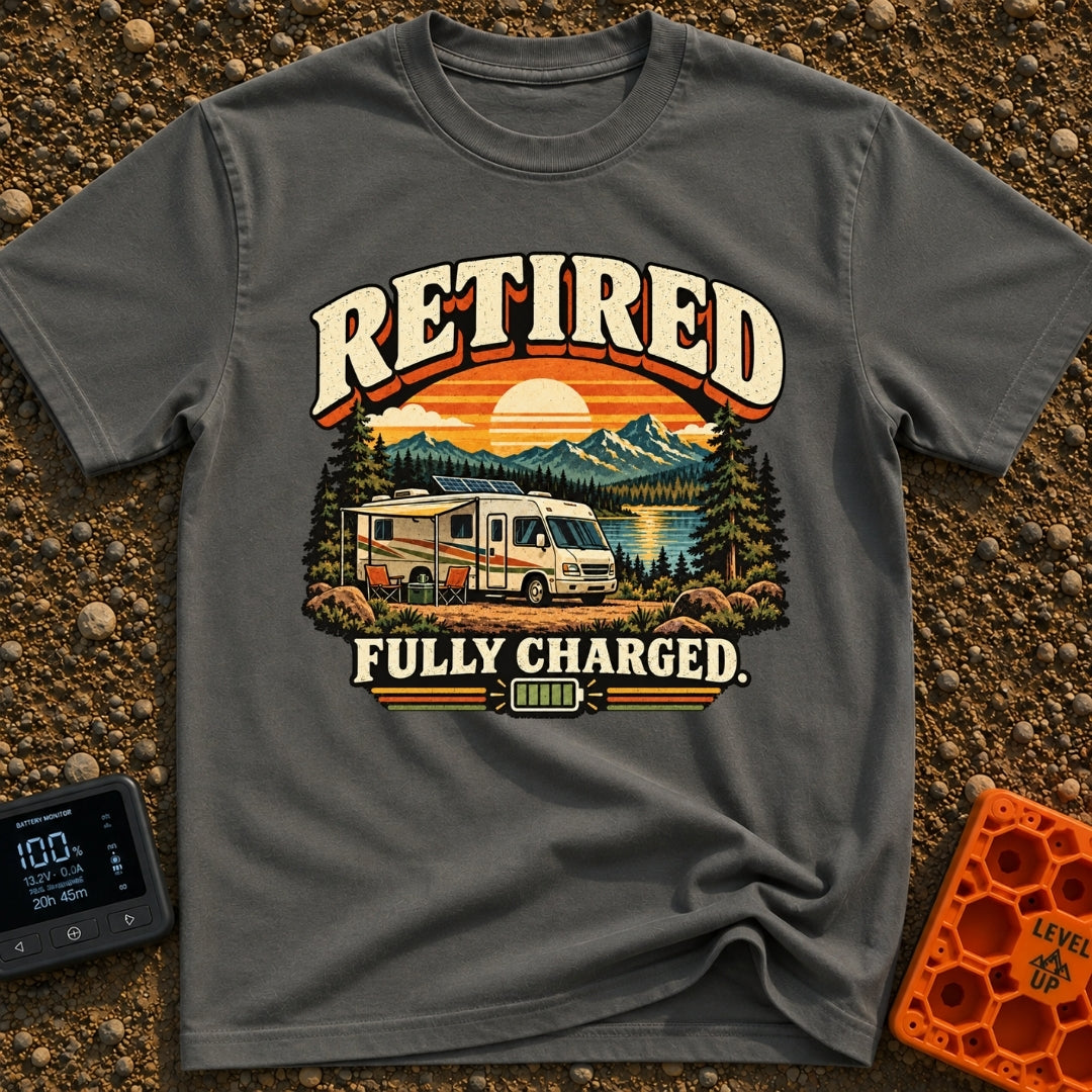 Retired And Recharged - T-Shirt in Pepper - A retro-style illustration of a motorhome with a roof-mounted solar panel...
