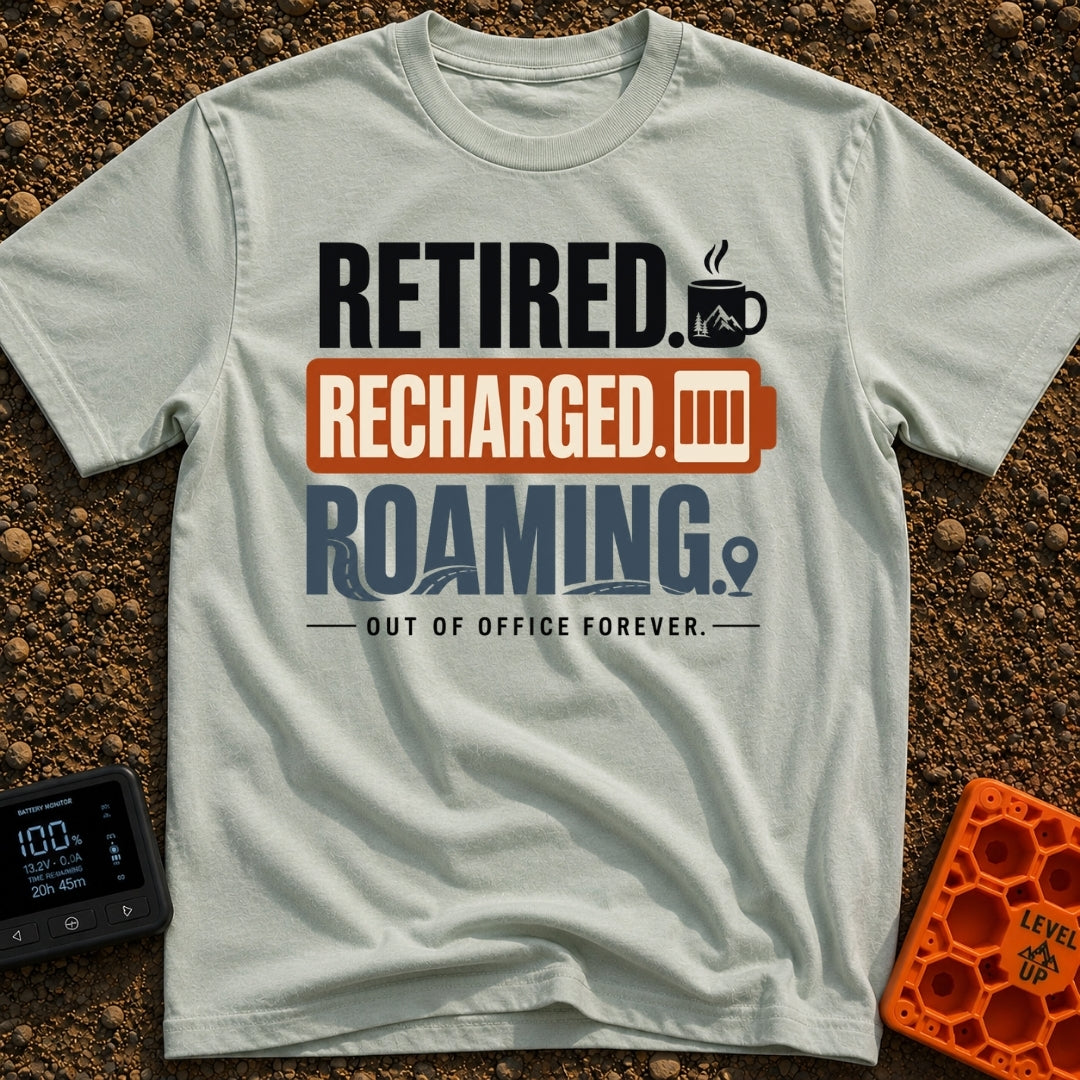 Out Of Office Forever - T-Shirt in Bay - A typographic design featuring the stacked words "RETIRED." next to a steaming...