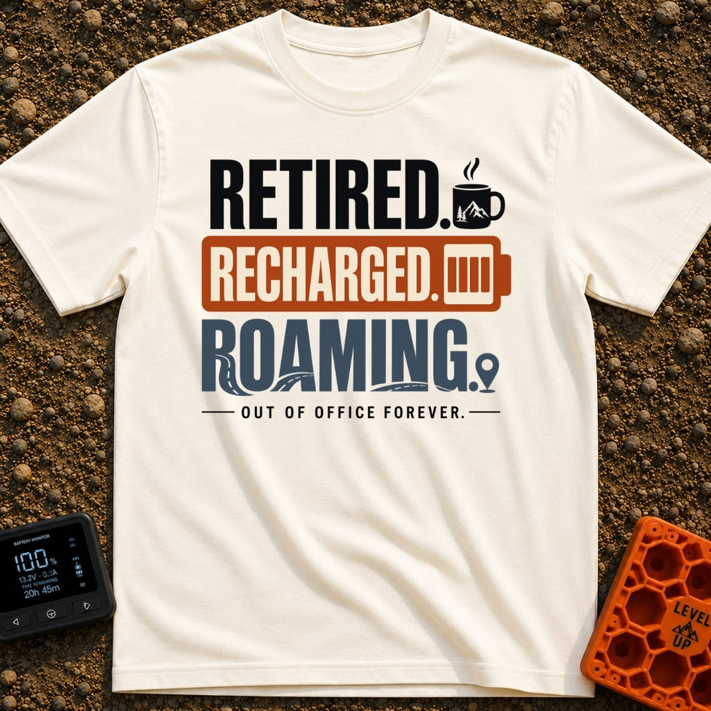Out Of Office Forever - T-Shirt in Ivory - A typographic design featuring the stacked words "RETIRED." next to a steaming...