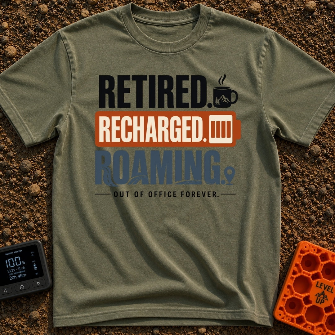 Out Of Office Forever - T-Shirt in Moss - A typographic design featuring the stacked words "RETIRED." next to a steaming...