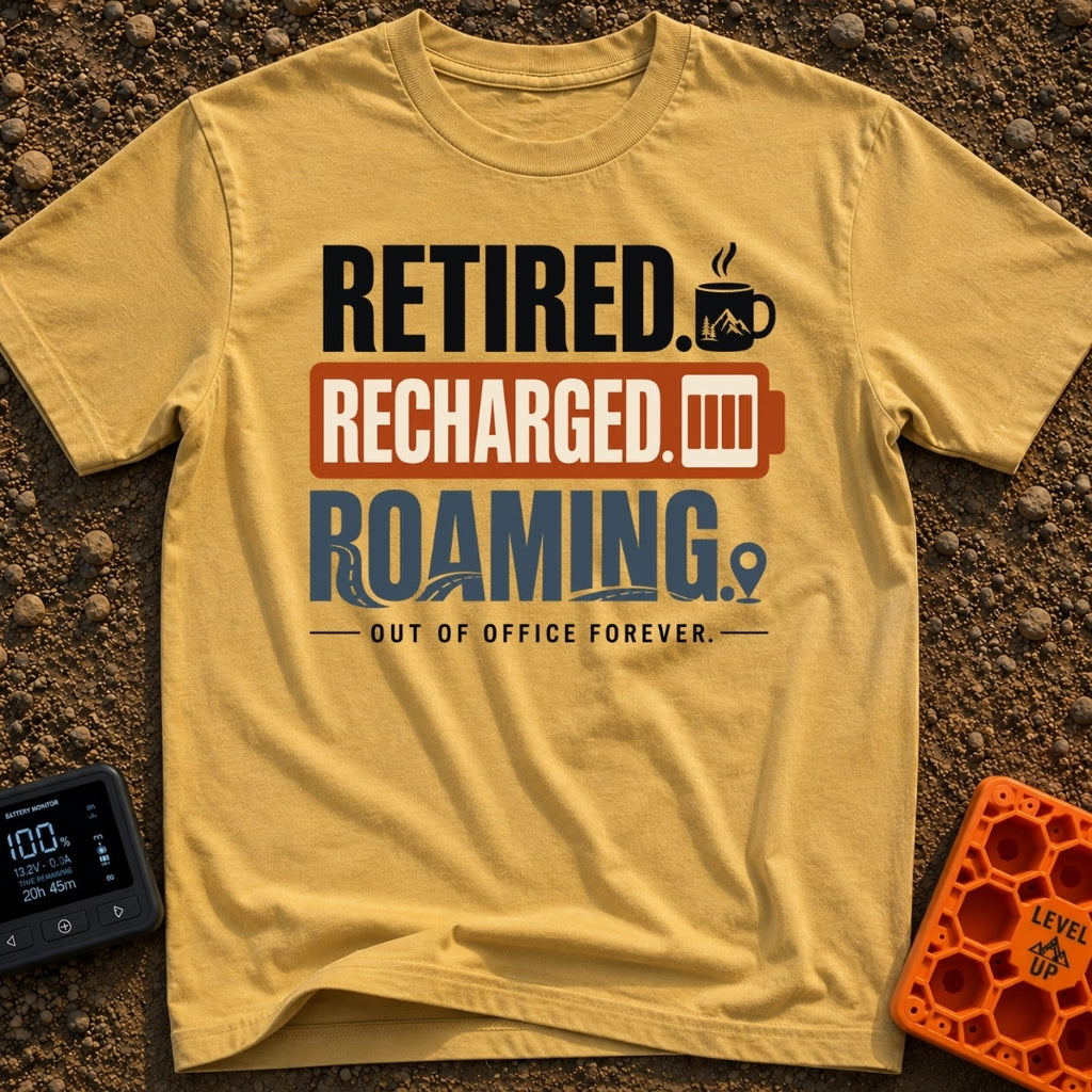 Out Of Office Forever - T-Shirt in Mustard - A typographic design featuring the stacked words "RETIRED." next to a...