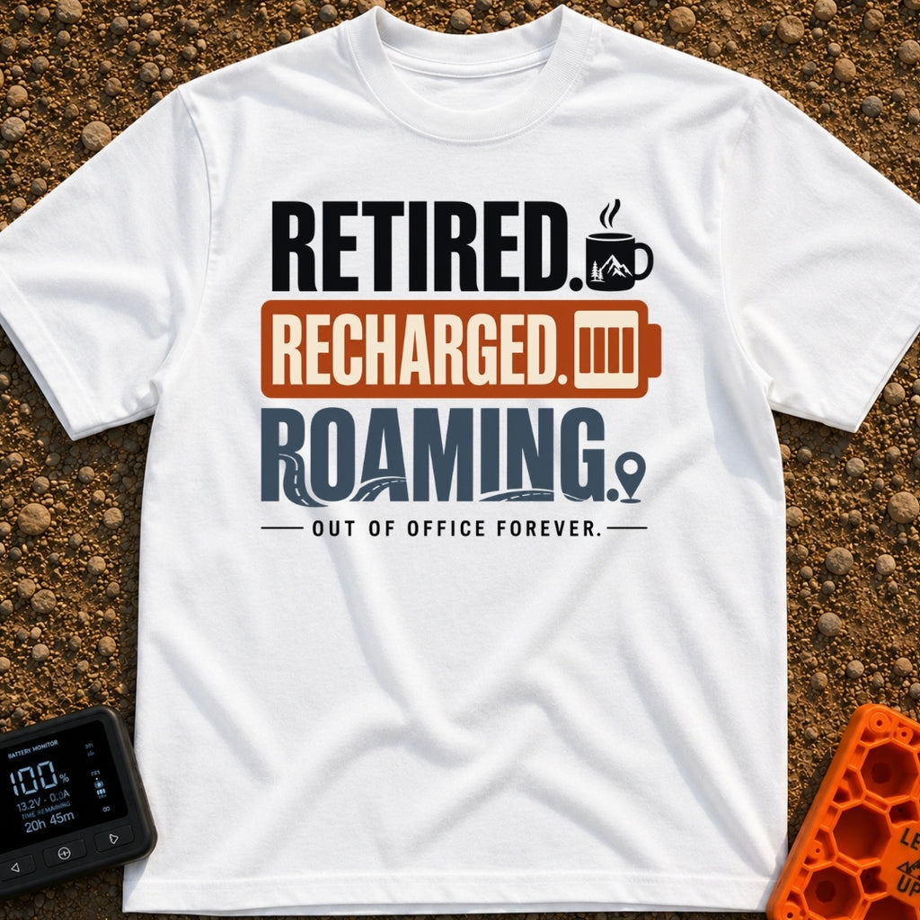 Out Of Office Forever - T-Shirt in White - A typographic design featuring the stacked words "RETIRED." next to a steaming...