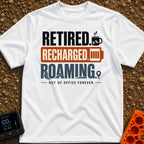 Out Of Office Forever - T-Shirt in White - A typographic design featuring the stacked words "RETIRED." next to a steaming...