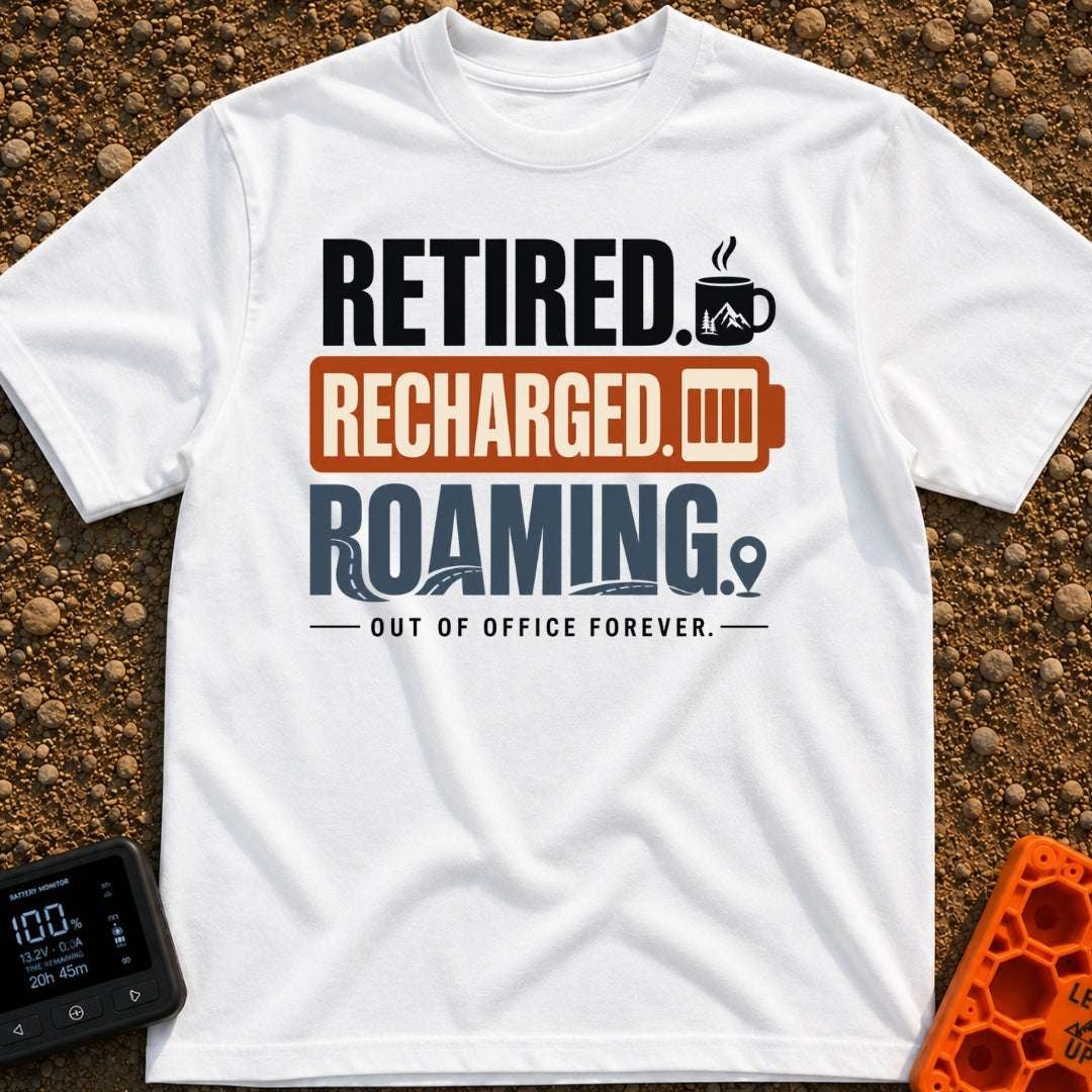 Out Of Office Forever - T-Shirt in White - A typographic design featuring the stacked words "RETIRED." next to a steaming...