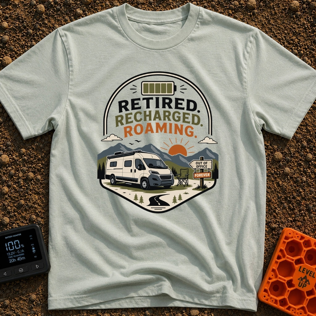 Retired But Recharged - T-Shirt in Bay - A graphic badge depicting a white campervan parked in a mountainous landscape at...