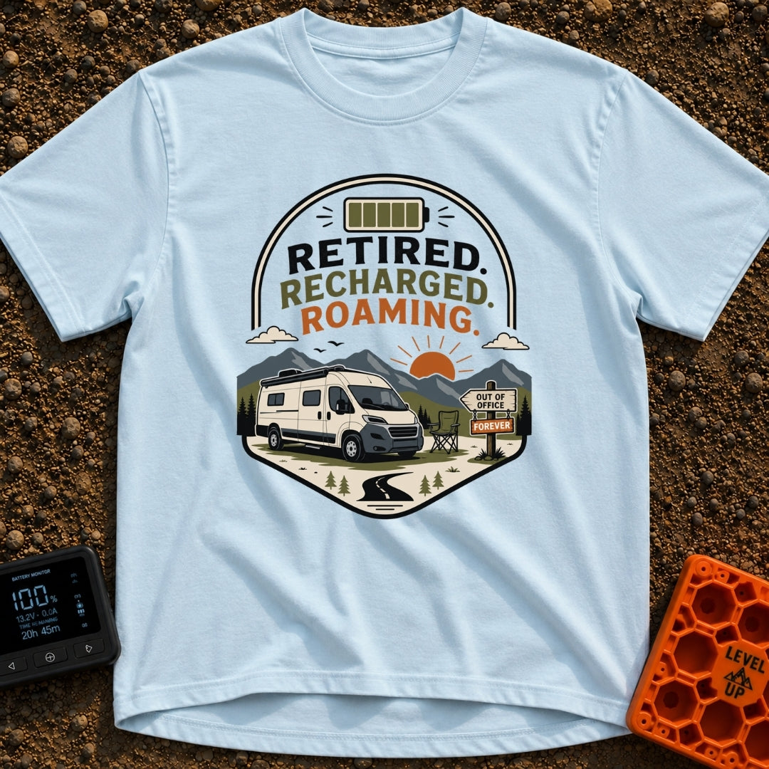 Retired But Recharged - T-Shirt in Chambray - A graphic badge depicting a white campervan parked in a mountainous...