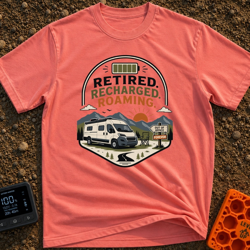 Retired But Recharged - T-Shirt in Watermelon - A graphic badge depicting a white campervan parked in a mountainous...