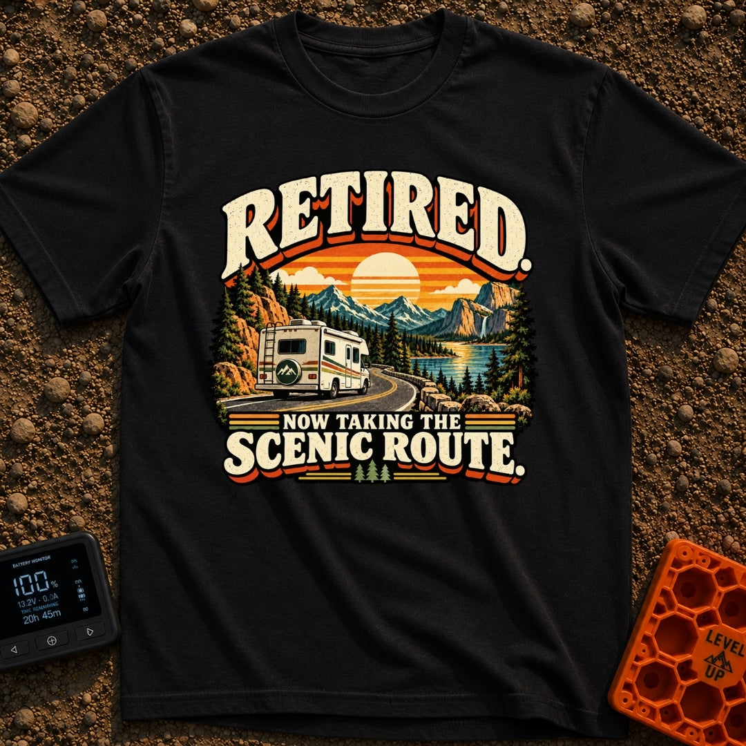 Scenic Route To Retirement - T-Shirt in Black - A vintage-style illustration of a white motorhome driving along a winding...