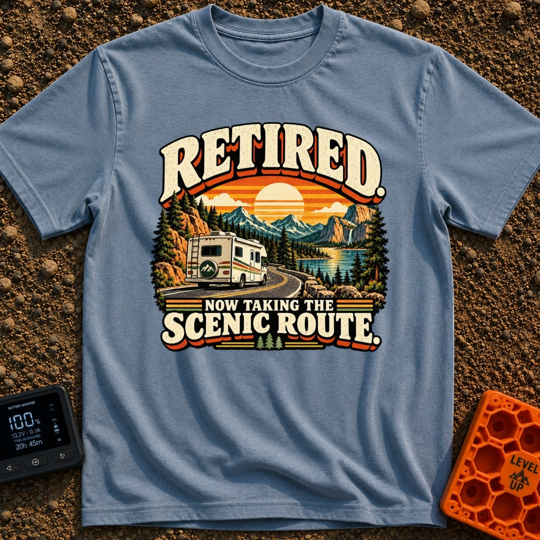 Scenic Route To Retirement - T-Shirt in Blue Jean - A vintage-style illustration of a white motorhome driving along a...