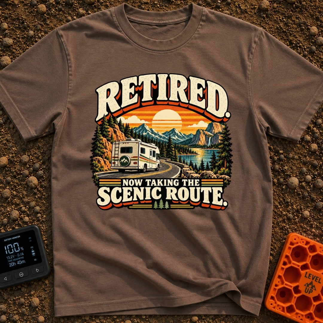 Scenic Route To Retirement - T-Shirt in Espresso - A vintage-style illustration of a white motorhome driving along a...