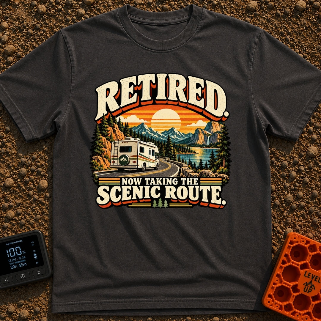 Scenic Route To Retirement - T-Shirt in Graphite - A vintage-style illustration of a white motorhome driving along a...