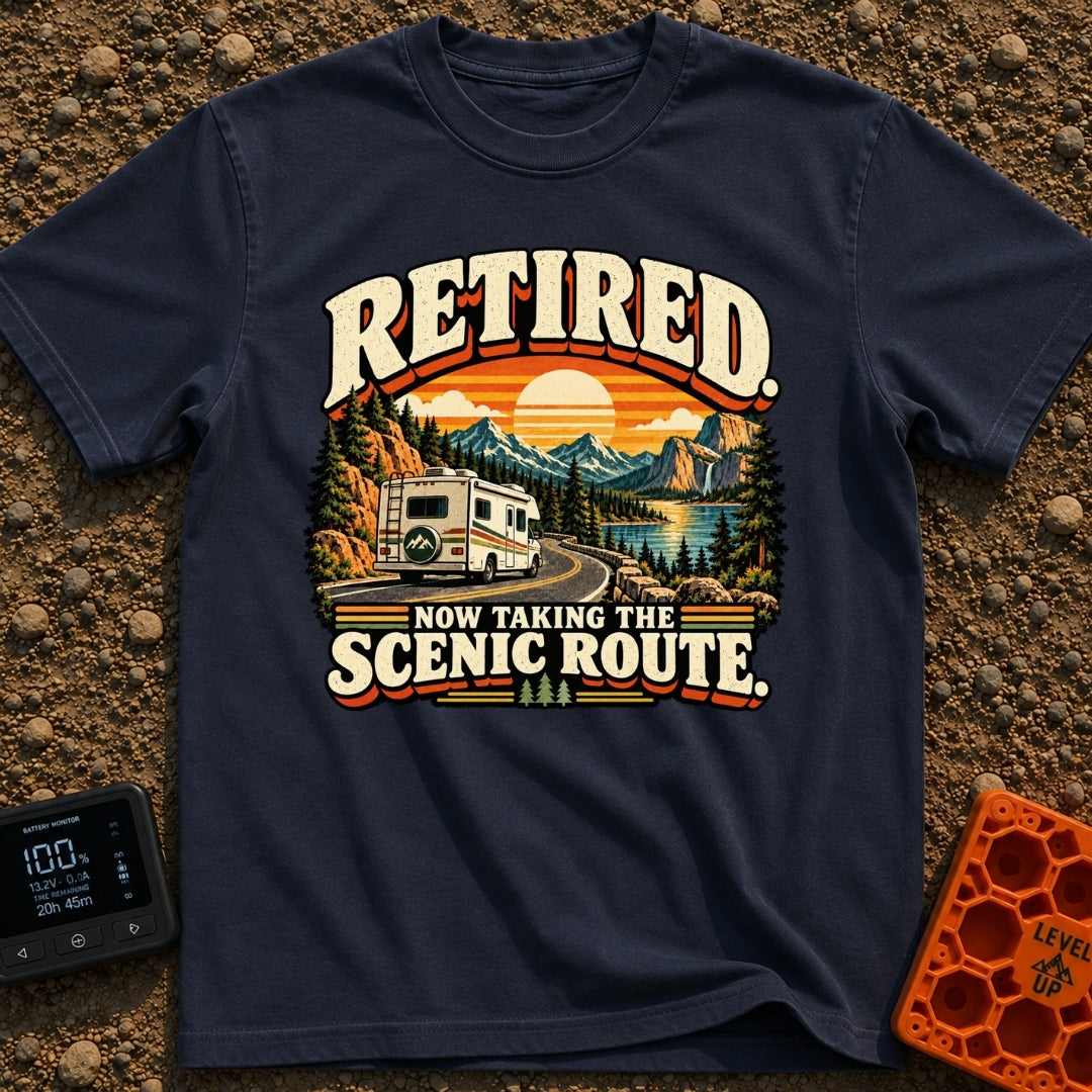 Scenic Route To Retirement - T-Shirt in Navy - A vintage-style illustration of a white motorhome driving along a winding...