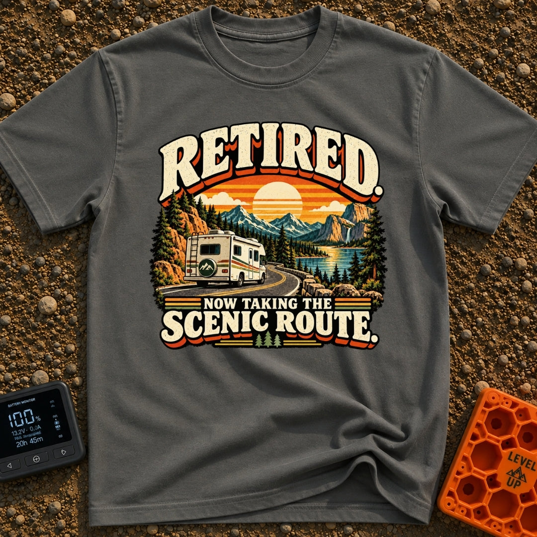Scenic Route To Retirement - T-Shirt in Pepper - A vintage-style illustration of a white motorhome driving along a...