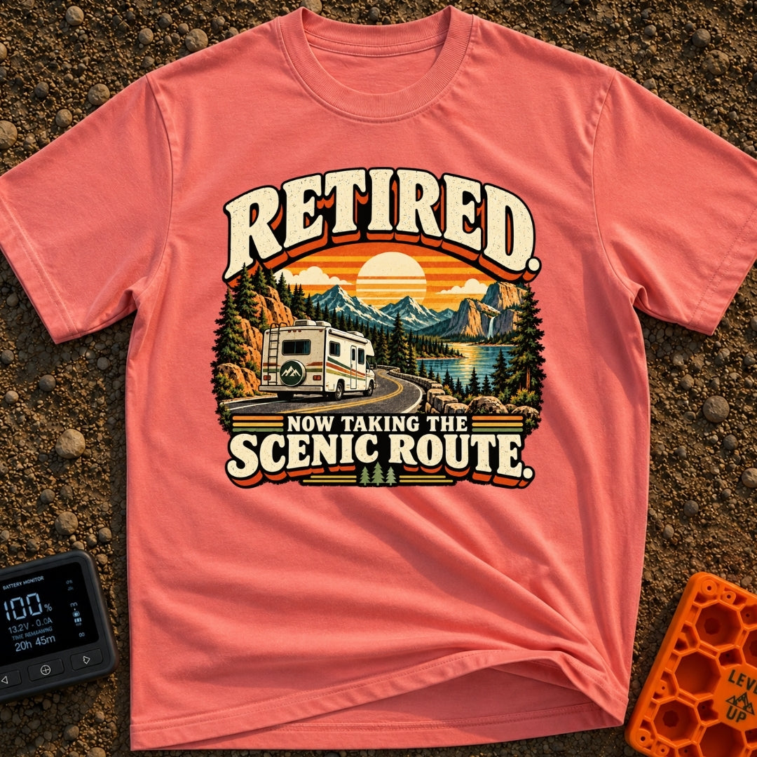 Scenic Route To Retirement - T-Shirt in Watermelon - A vintage-style illustration of a white motorhome driving along a...