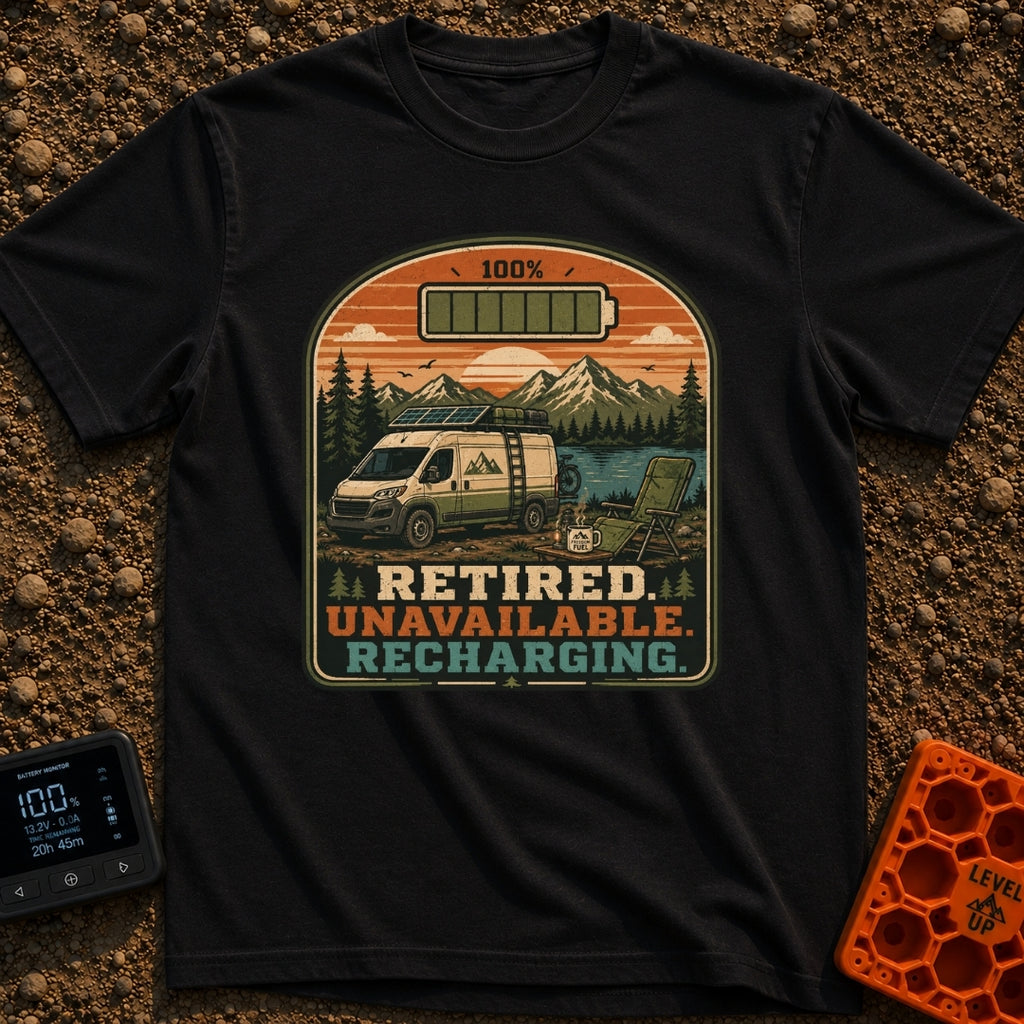 Retired And Recharging - T-Shirt in Black - A camper van equipped with roof-mounted solar panels is parked at a scenic...