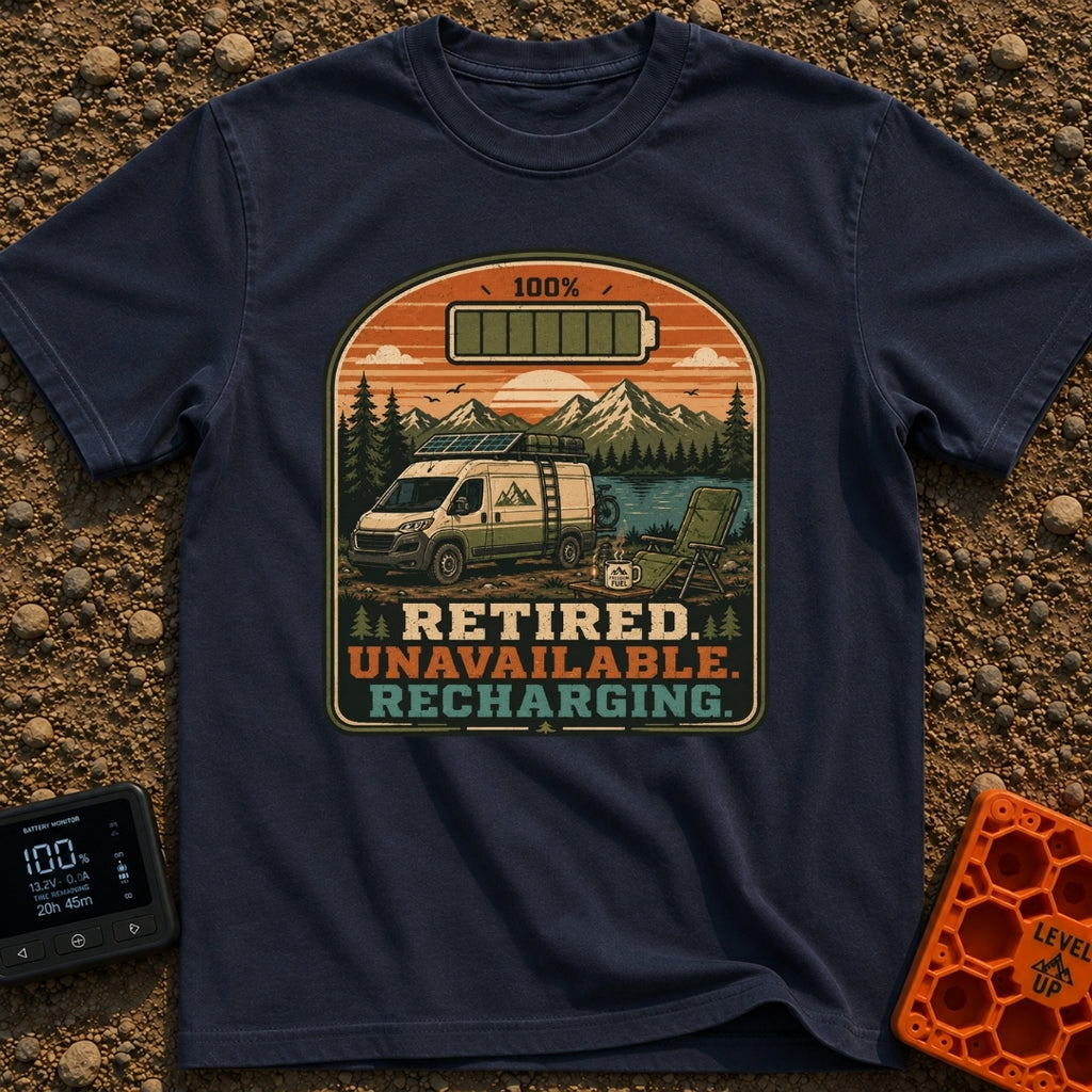 Retired And Recharging - T-Shirt in Navy - A camper van equipped with roof-mounted solar panels is parked at a scenic...