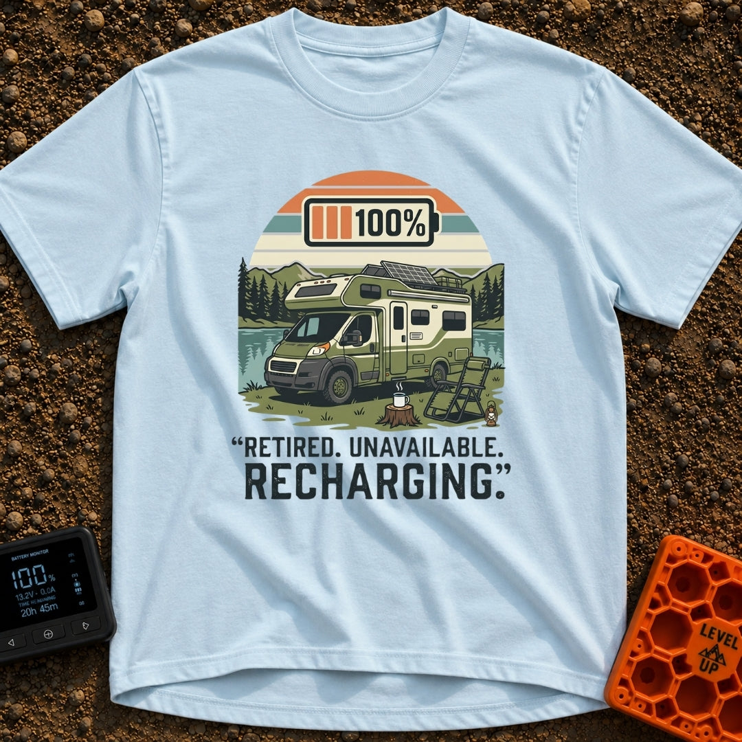 Retired And Recharging - T-Shirt in Chambray - A green Class C camper van with rooftop solar panels is parked by a lake...
