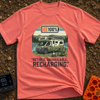 Retired And Recharging - T-Shirt in Watermelon - A green Class C camper van with rooftop solar panels is parked by a lake...