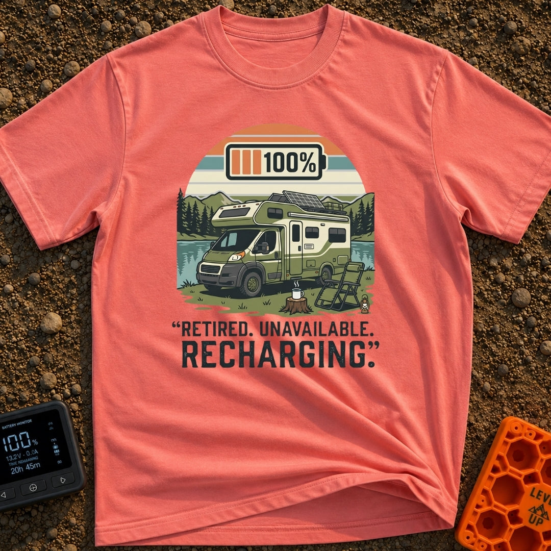 Retired And Recharging - T-Shirt in Watermelon - A green Class C camper van with rooftop solar panels is parked by a lake...