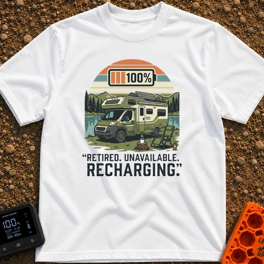 Retired And Recharging - T-Shirt in White - A green Class C camper van with rooftop solar panels is parked by a lake and...