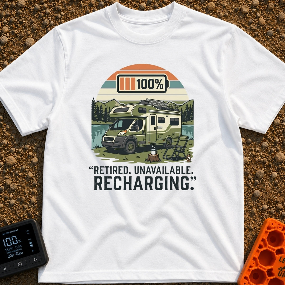 Retired And Recharging - T-Shirt in White - A green Class C camper van with rooftop solar panels is parked by a lake and...