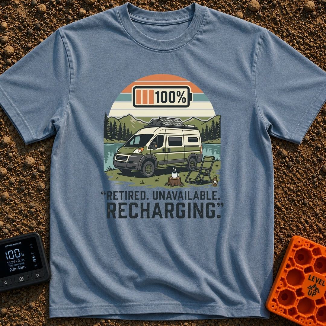 Retired And Recharging - T-Shirt in Blue Jean - A green and white camper van with roof-mounted solar panels is parked...