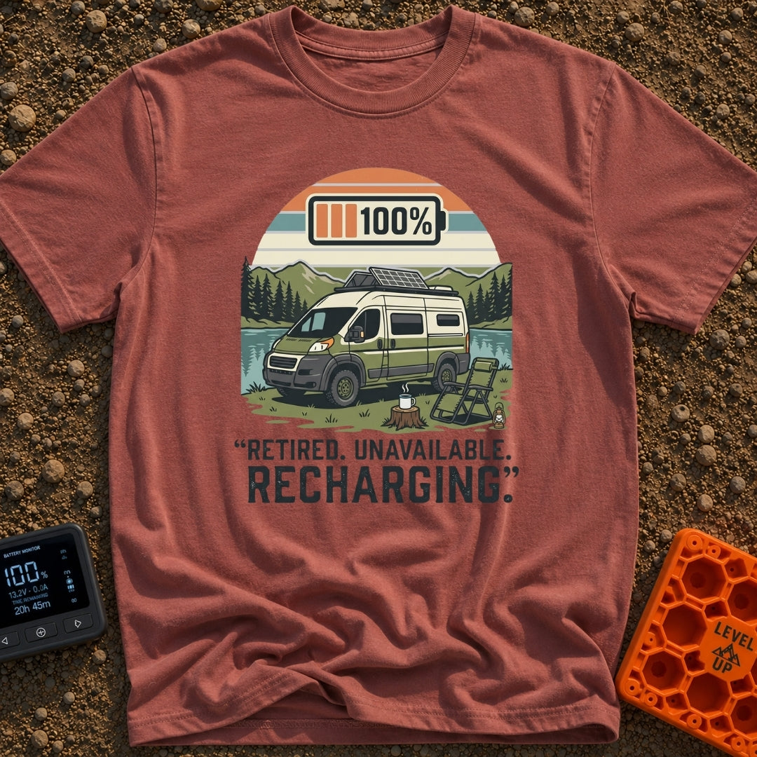 Retired And Recharging - T-Shirt in Brick - A green and white camper van with roof-mounted solar panels is parked beside...