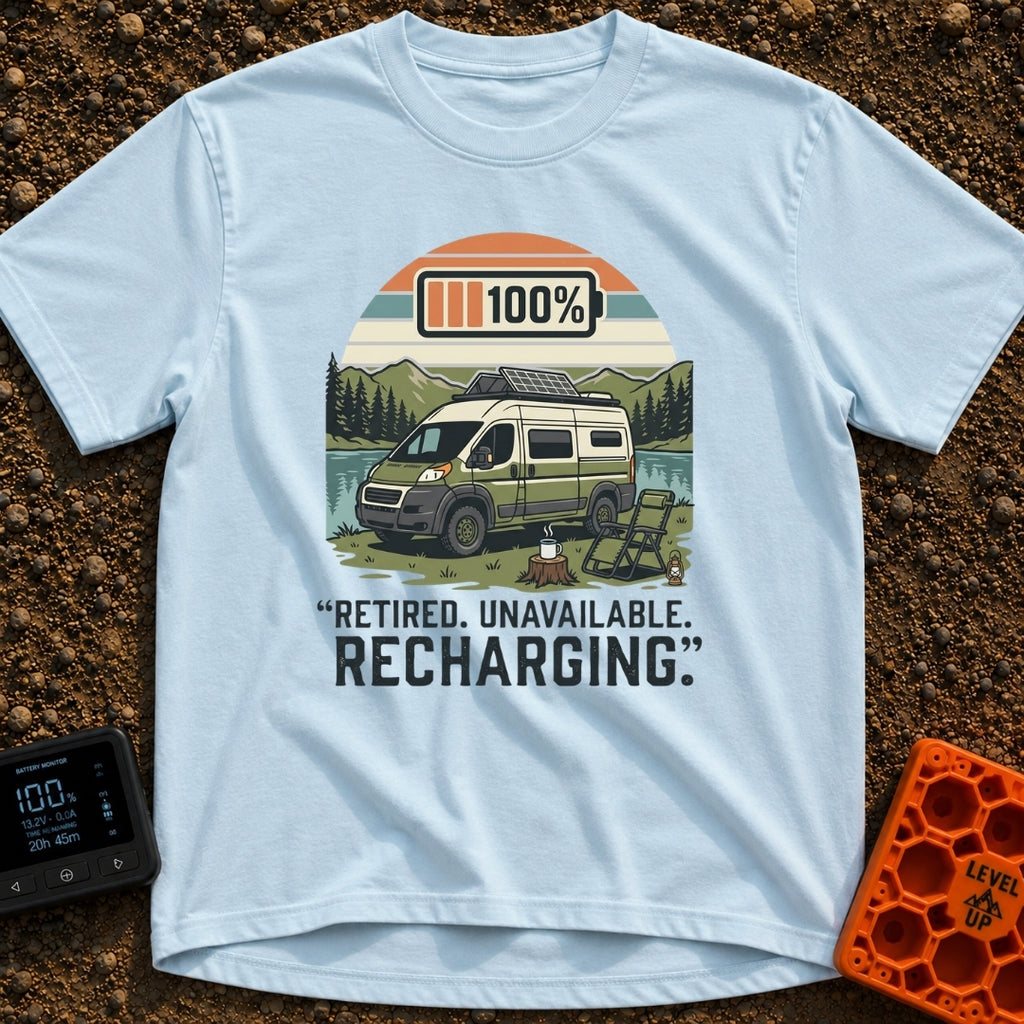 Retired And Recharging - T-Shirt in Chambray - A green and white camper van with roof-mounted solar panels is parked...