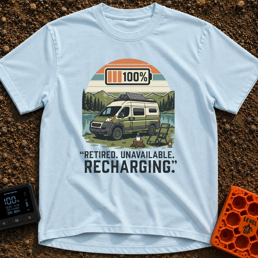 Retired And Recharging - T-Shirt in Chambray - A green and white camper van with roof-mounted solar panels is parked...