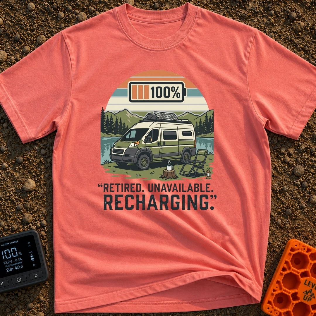 Retired And Recharging - T-Shirt in Watermelon - A green and white camper van with roof-mounted solar panels is parked...