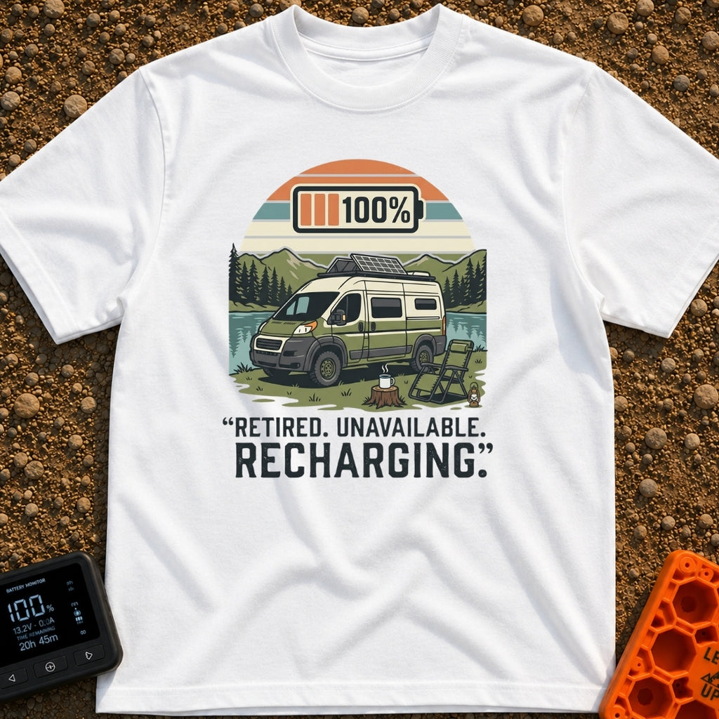 Retired And Recharging - T-Shirt in White - A green and white camper van with roof-mounted solar panels is parked beside...