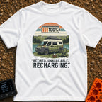 Retired And Recharging - T-Shirt in White - A green and white camper van with roof-mounted solar panels is parked beside...