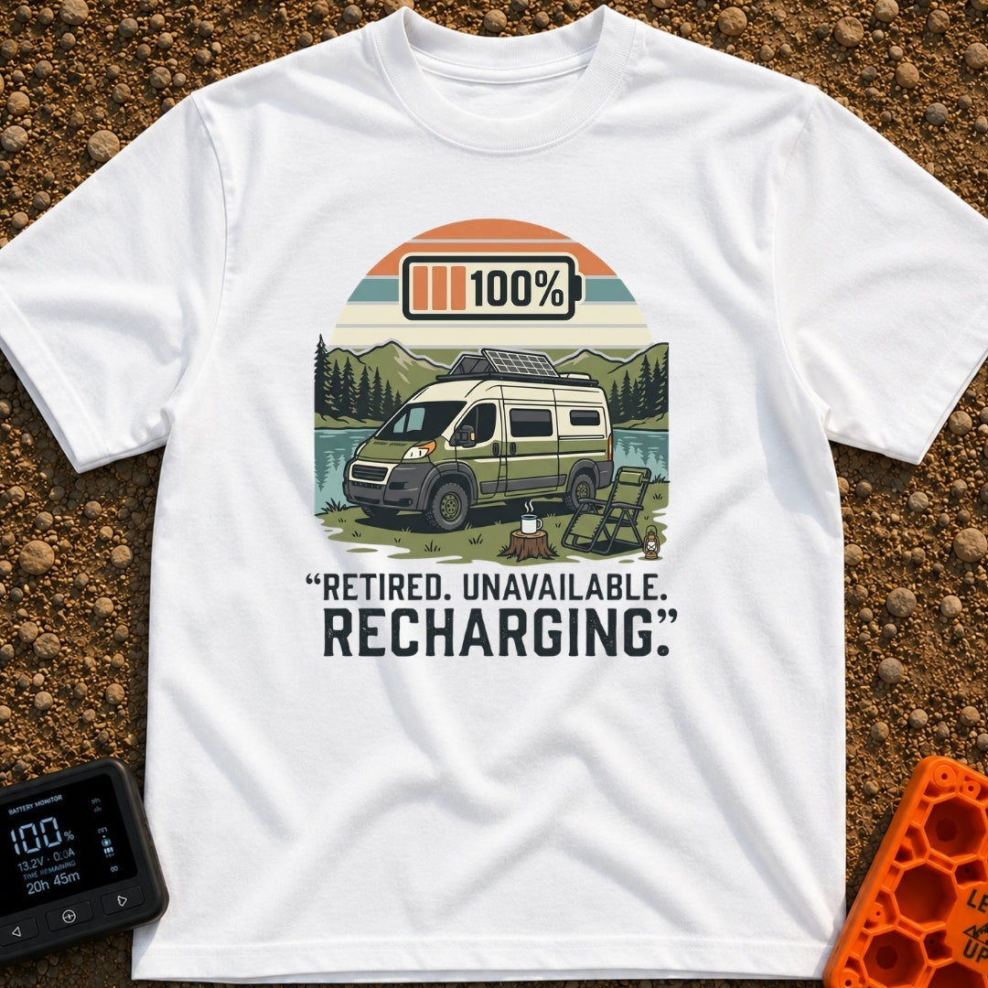 Retired And Recharging - T-Shirt in White - A green and white camper van with roof-mounted solar panels is parked beside...