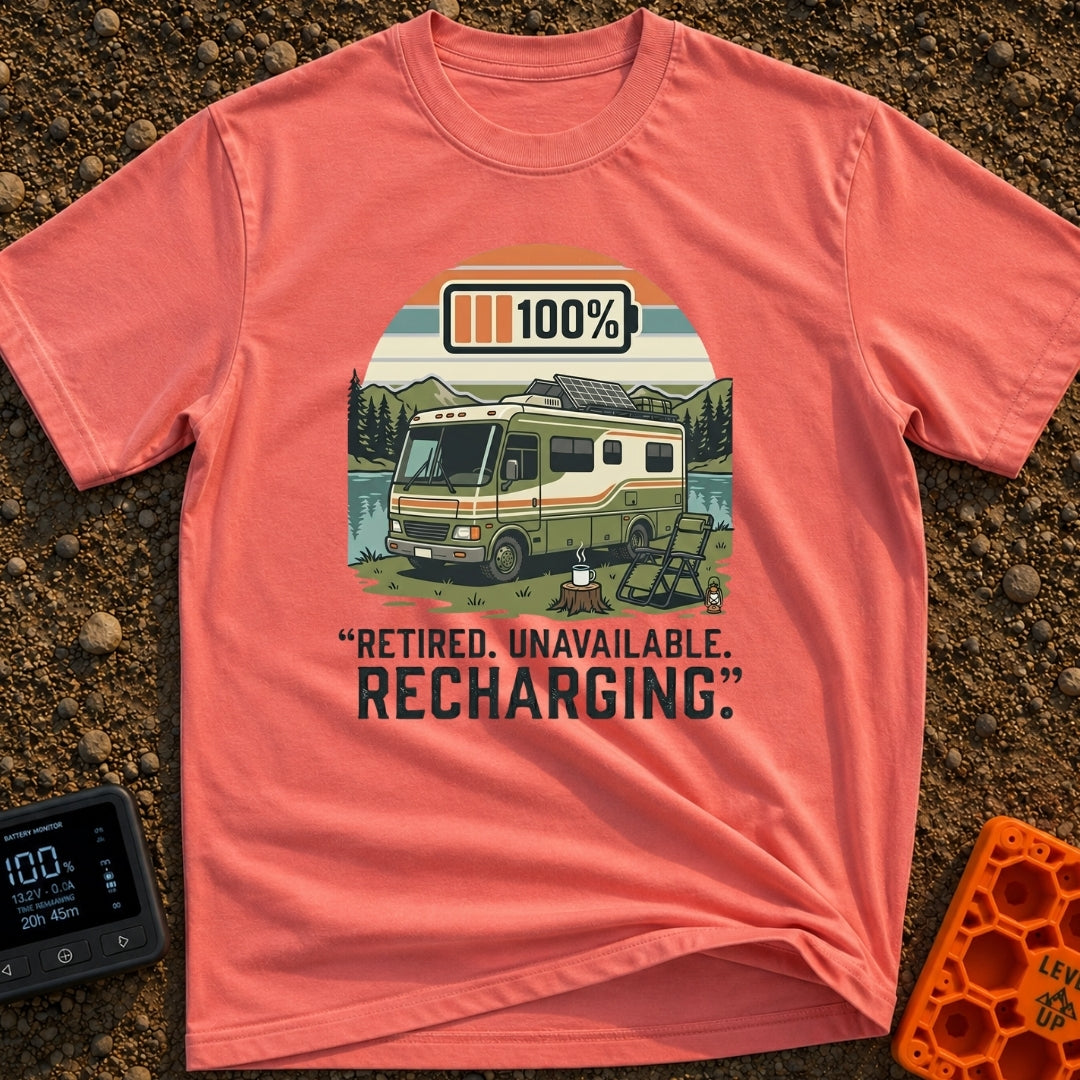 Recharging In Progress - T-Shirt in Watermelon - An illustration of a green and white motorhome parked by a lake with...