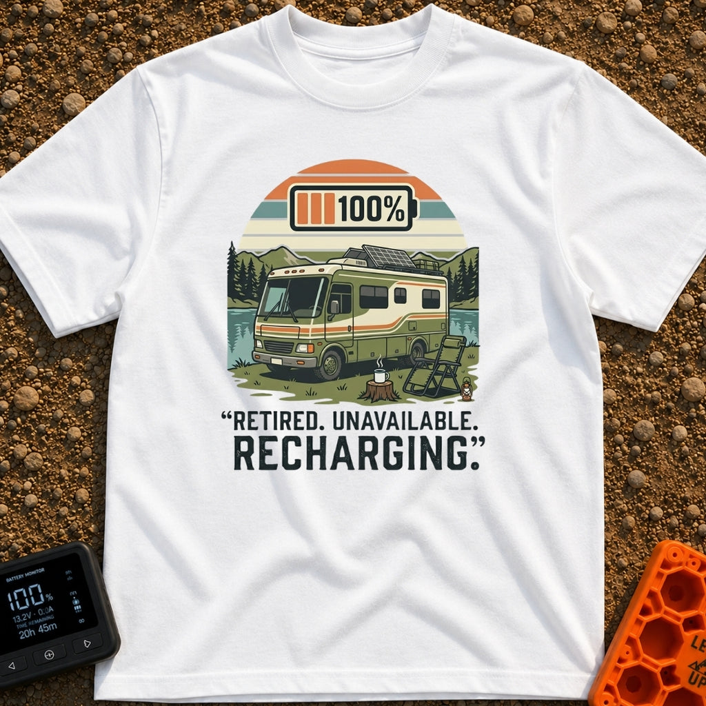 Recharging In Progress - T-Shirt in White - An illustration of a green and white motorhome parked by a lake with...