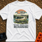 Recharging In Progress - T-Shirt in White - An illustration of a green and white motorhome parked by a lake with...