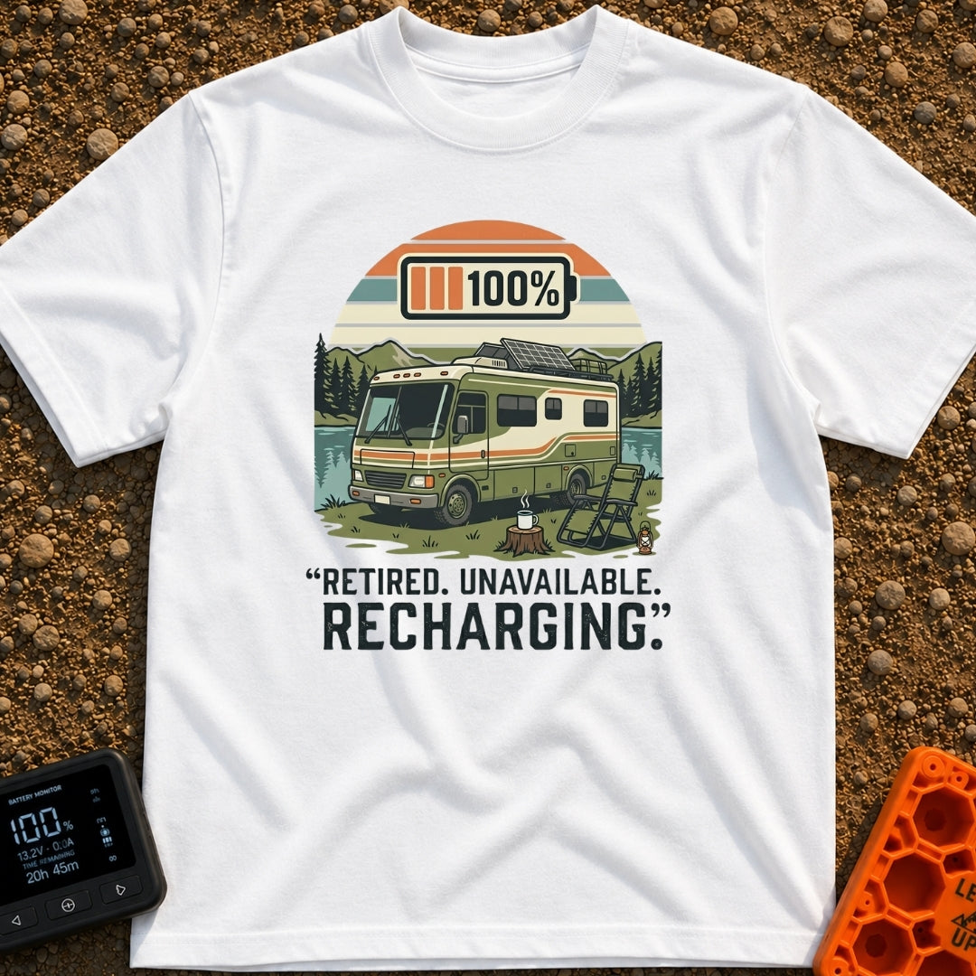 Recharging In Progress - T-Shirt in White - An illustration of a green and white motorhome parked by a lake with...