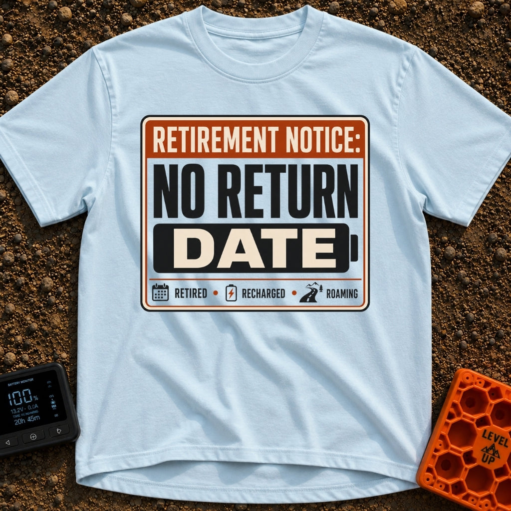 No Return Date - T-Shirt in Chambray - A typographic graphic resembling a notice sign with the text "RETIREMENT NOTICE:...