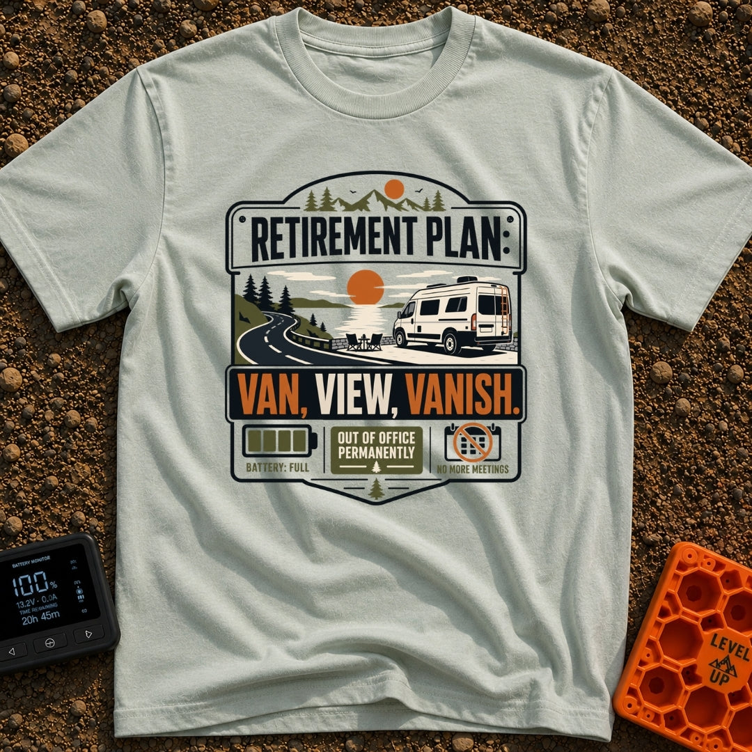 Retire Van Vanish - T-Shirt in Bay - A graphic badge design showing a white camper van parked beside a lake and mountains...
