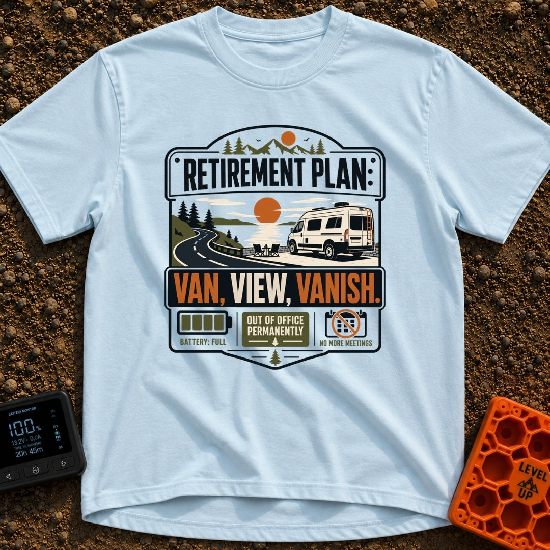 Retire Van Vanish - T-Shirt in Chambray - A graphic badge design showing a white camper van parked beside a lake and...