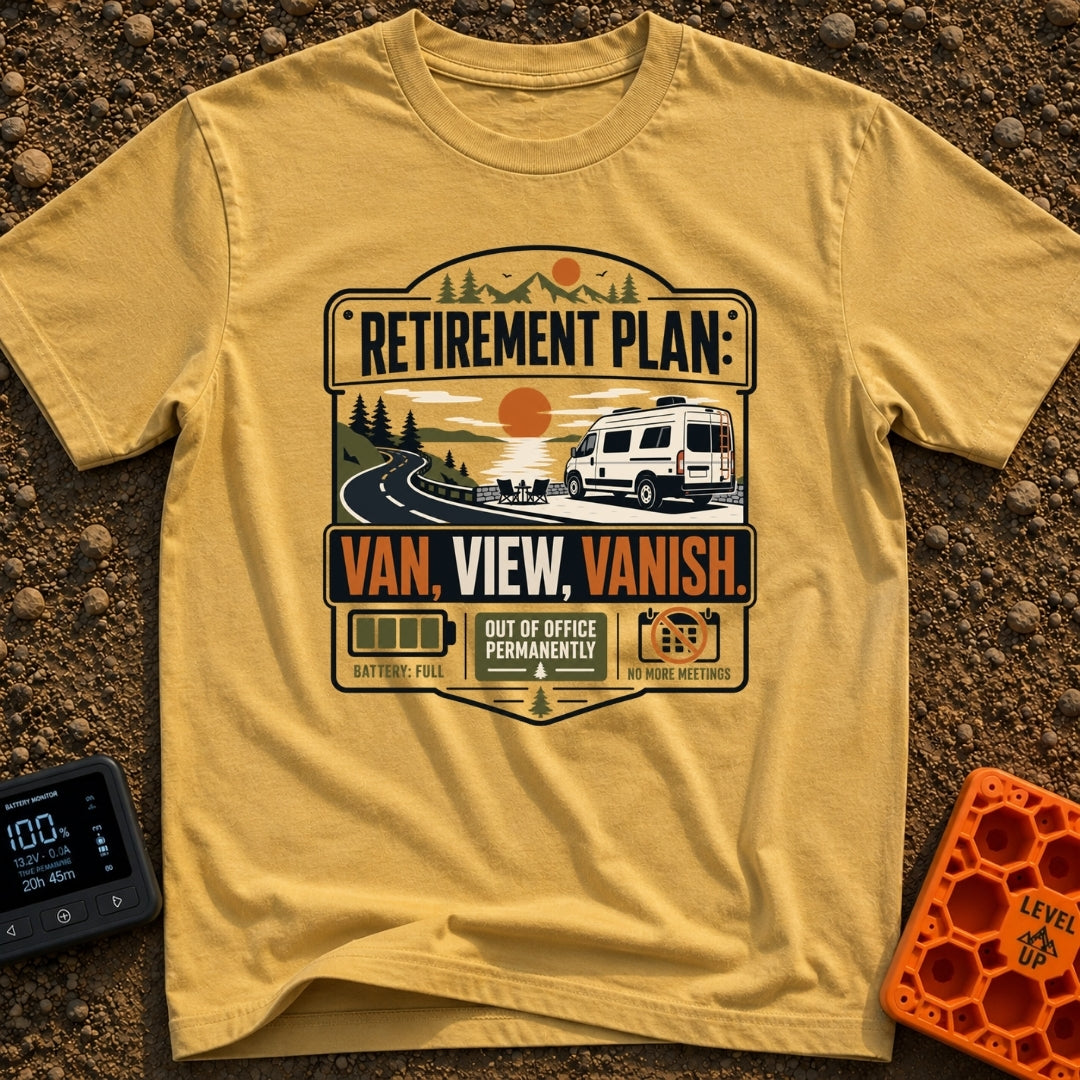 Retire Van Vanish - T-Shirt in Mustard - A graphic badge design showing a white camper van parked beside a lake and...