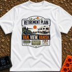Retire Van Vanish - T-Shirt in White - A graphic badge design showing a white camper van parked beside a lake and...