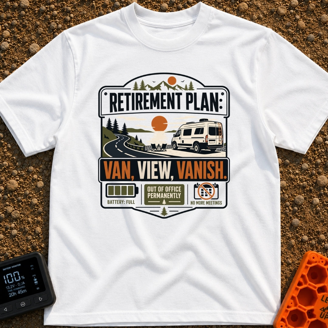 Retire Van Vanish - T-Shirt in White - A graphic badge design showing a white camper van parked beside a lake and...