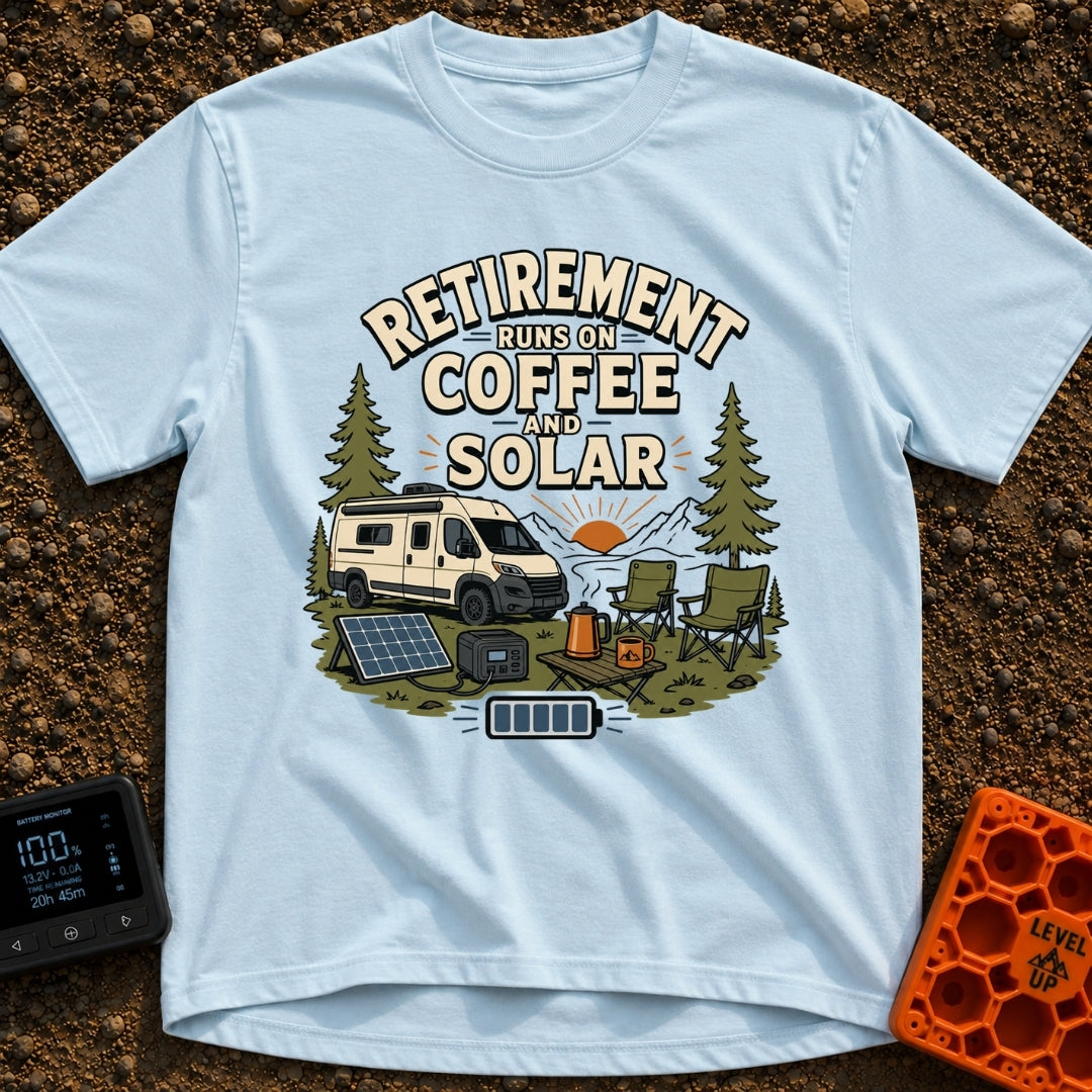 Solar Powered Retirement - T-Shirt in Chambray - An illustration of a camper van parked in a mountainous, forested...