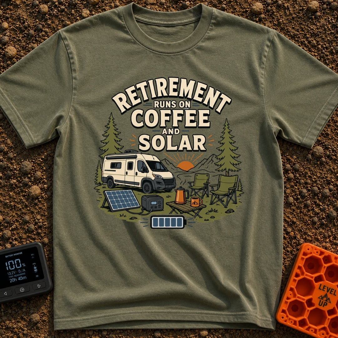 Solar Powered Retirement - T-Shirt in Moss - An illustration of a camper van parked in a mountainous, forested landscape...