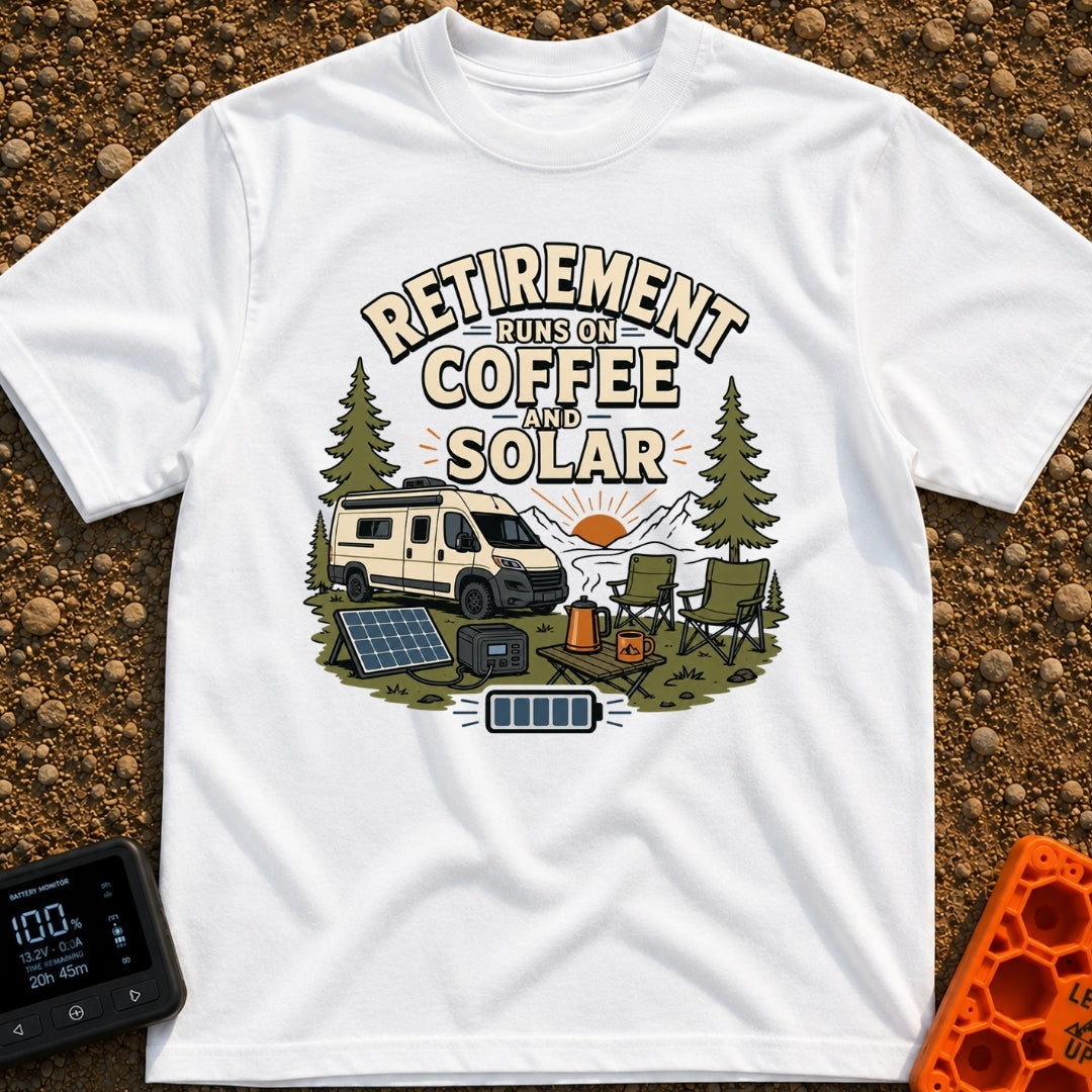 Solar Powered Retirement - T-Shirt in White - An illustration of a camper van parked in a mountainous, forested landscape...